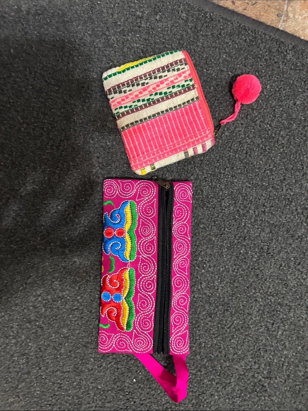 Handcrafted Pink Embroidered Wristlet Pouch and Pink Patterned Coin Wallet
